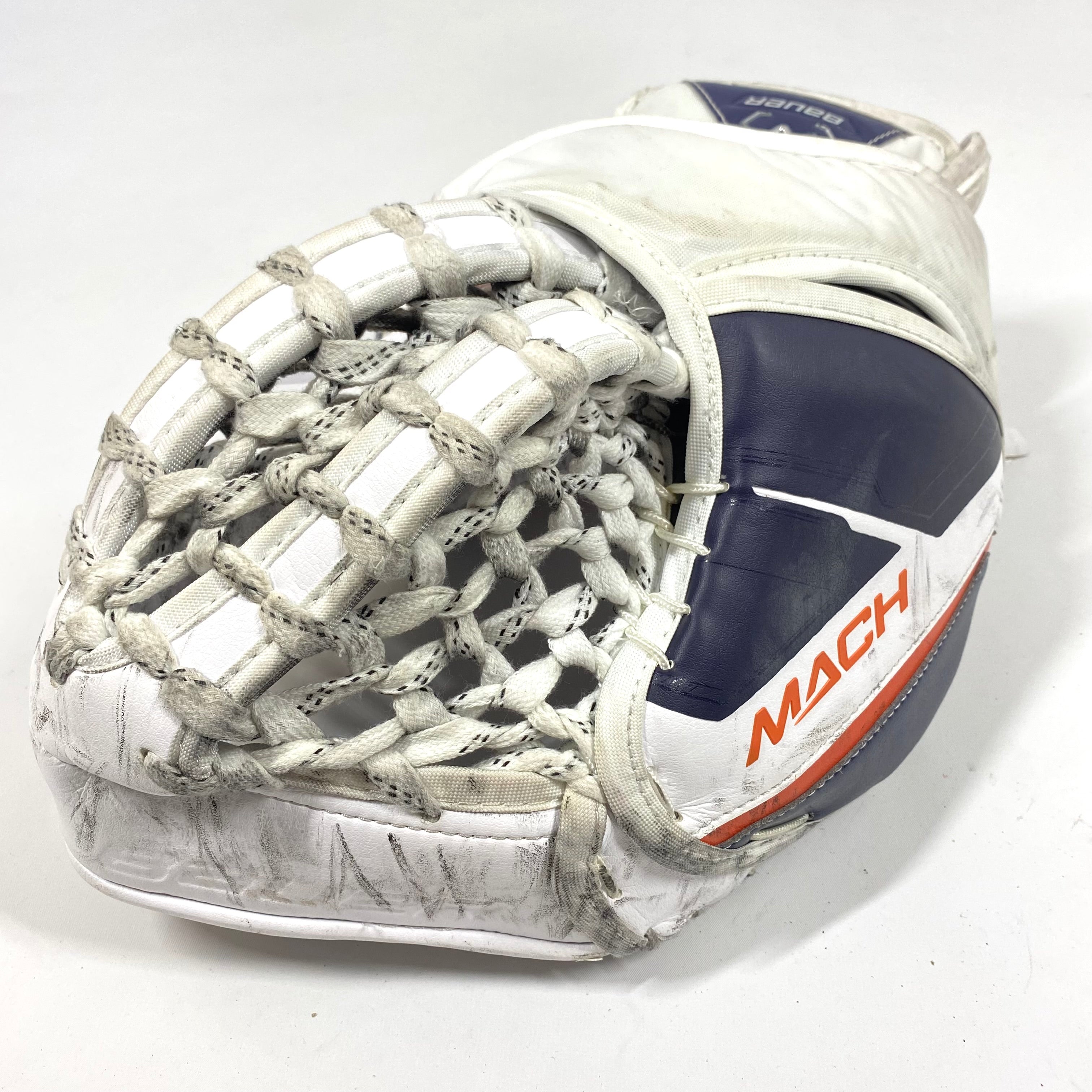 Bauer Supreme Mach - Gant de gardien de but Pro Stock d'occasion (blanc/orange/bleu marine)